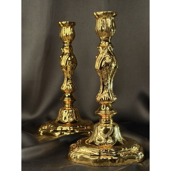 Solid Brass Candlestick Pair 10” Heavy Gold Finish Vintage French Style - Picture 9 of 14